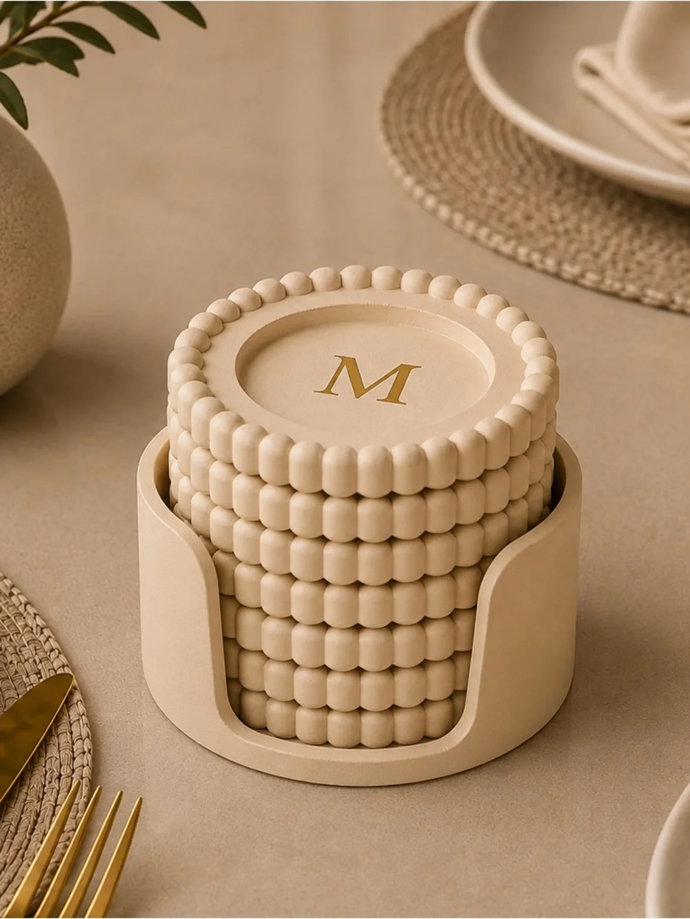 Monogram Personalized Round Coaster Set - Cream